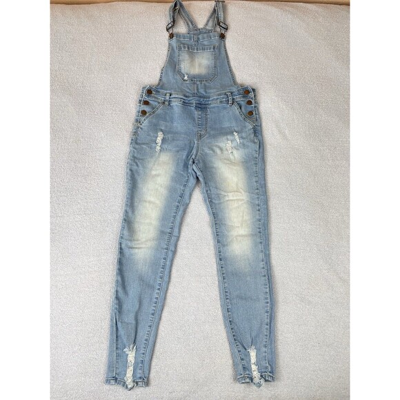 Encore Denim Overalls Juniors Size 8/9 Distressed Blue Stretch - Picture 1 of 16